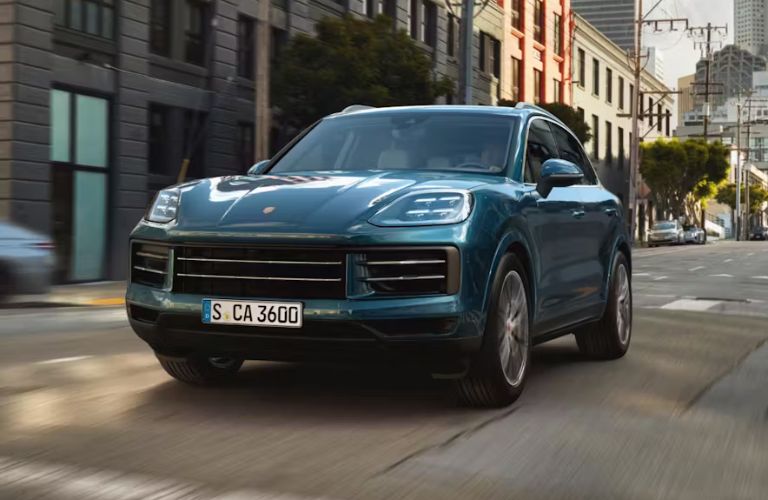Front-quarter view of the 2026 Porsche Cayenne Blue